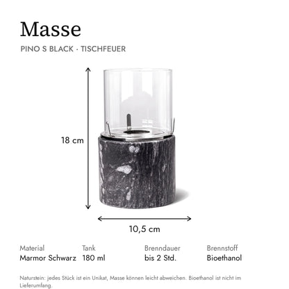 Masse Tischfeuer PINO S BLACK: 10,5 x 10,5 x 18 cm, Tank 180 ml, Brenndauer bis 2 Stunden