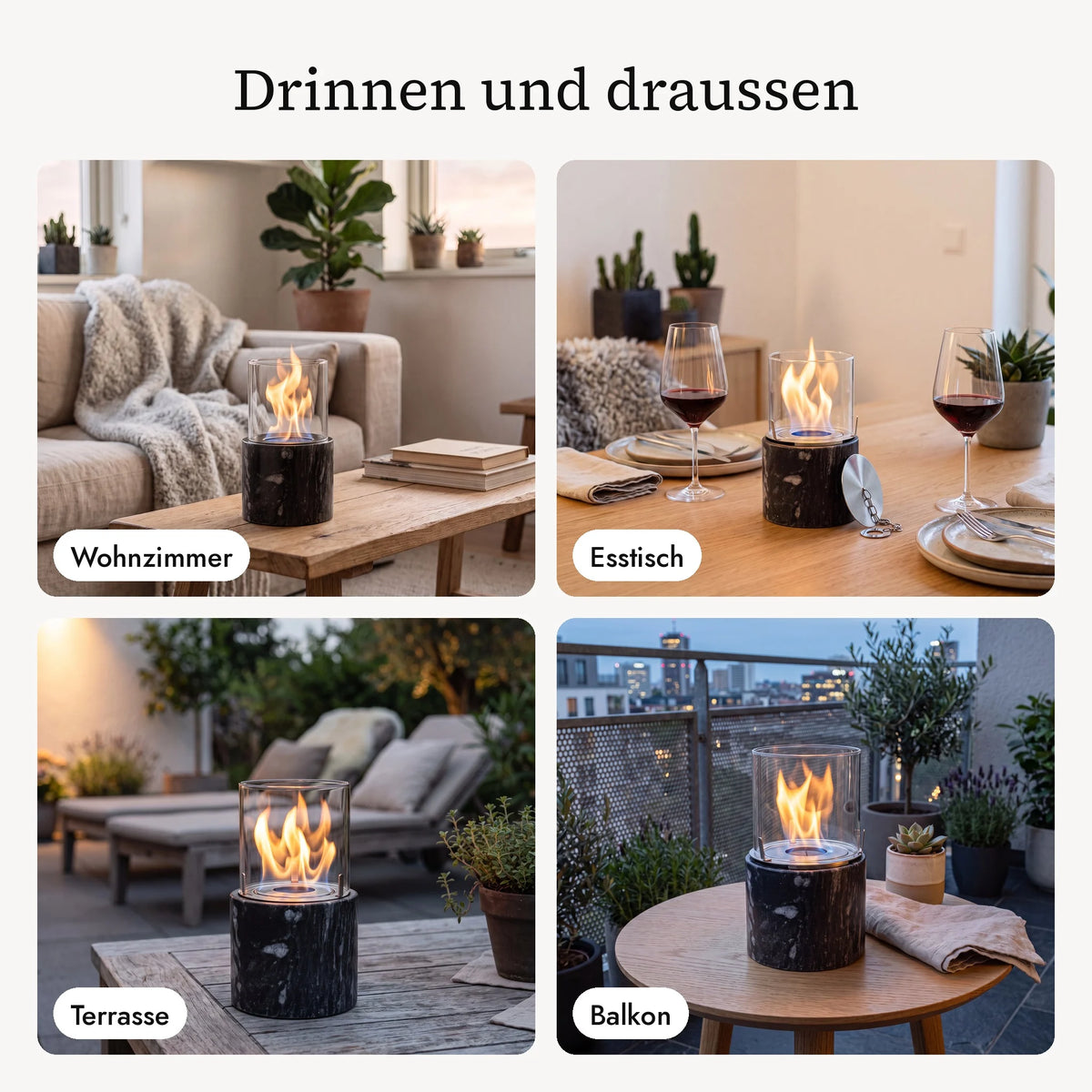 Tischfeuer PINO S BLACK im Wohnzimmer, am Esstisch, auf der Terrasse und auf dem Balkon (KI-Inhalte)