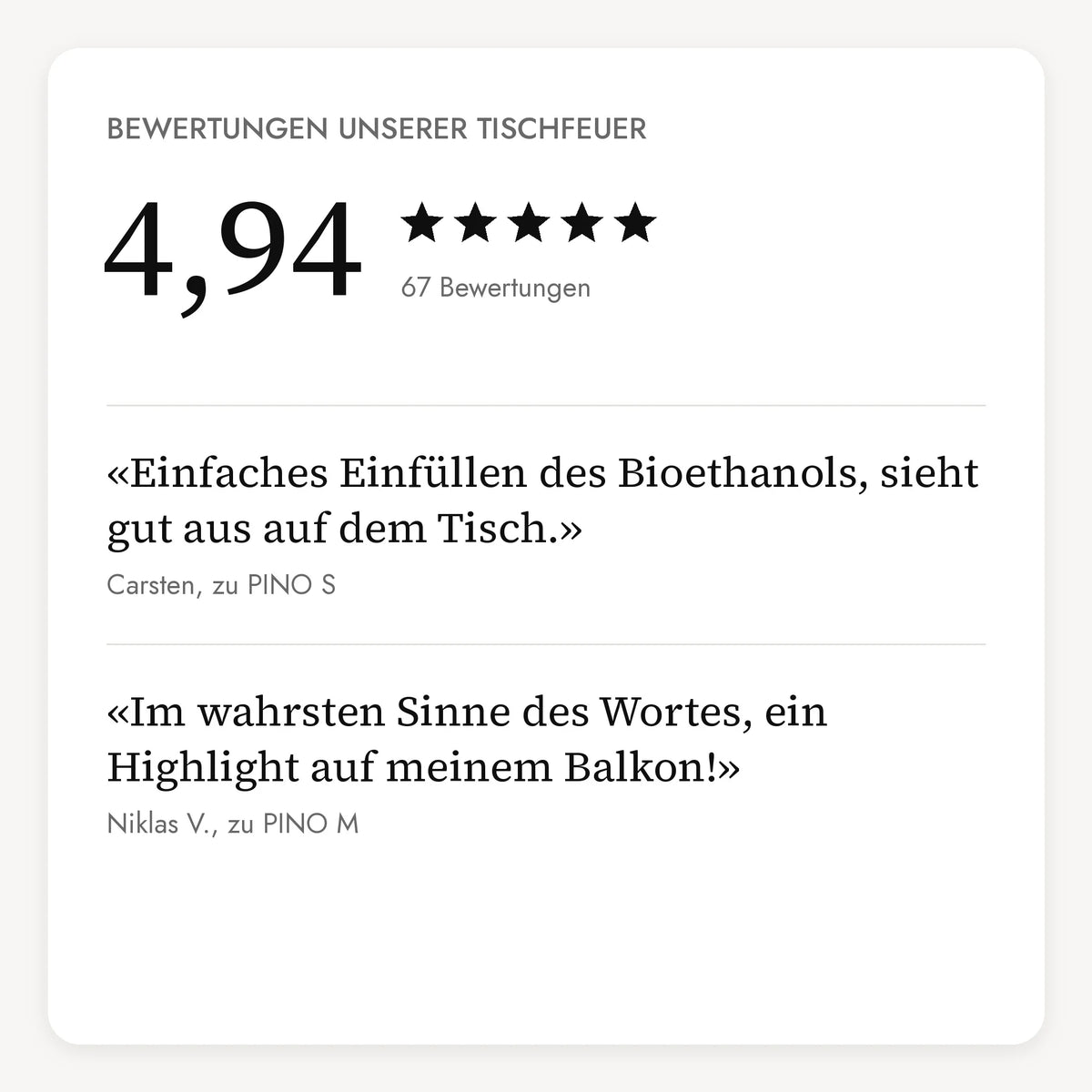 Bewertungen unserer Tischfeuer: 4,94 von 5 Sternen aus 67 Bewertungen