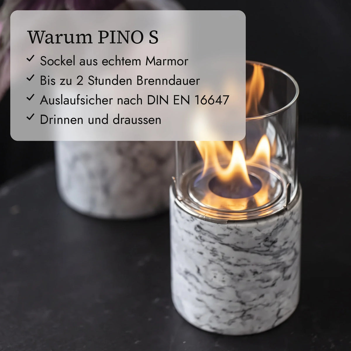 Warum PINO S: Sockel aus echtem Marmor, Bis zu 2 Stunden Brenndauer, Auslaufsicher nach DIN EN 16647, Drinnen und draussen (KI-Inhalte)