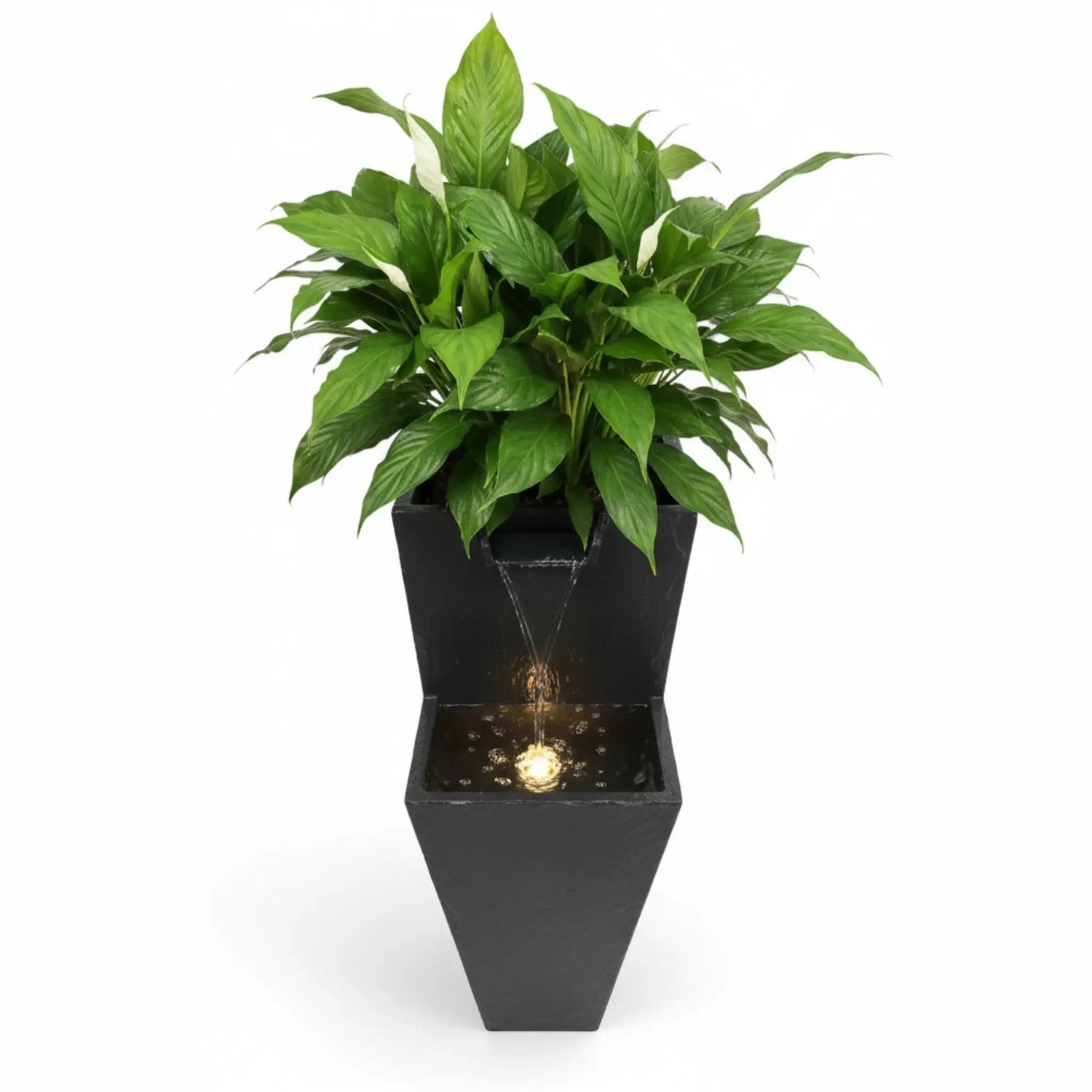 ZOE 30 Anthrazit – Wasserfallbrunnen mit Pflanzgefäss aus Naturschiefer Braun mit LED-Beleuchtung 38 x 26 x 76 cm 25 kg - CLIMAQUA