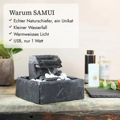 Warum SAMUI: echter Naturschiefer, kleiner Wasserfall, warmweisses Licht, USB 1 Watt