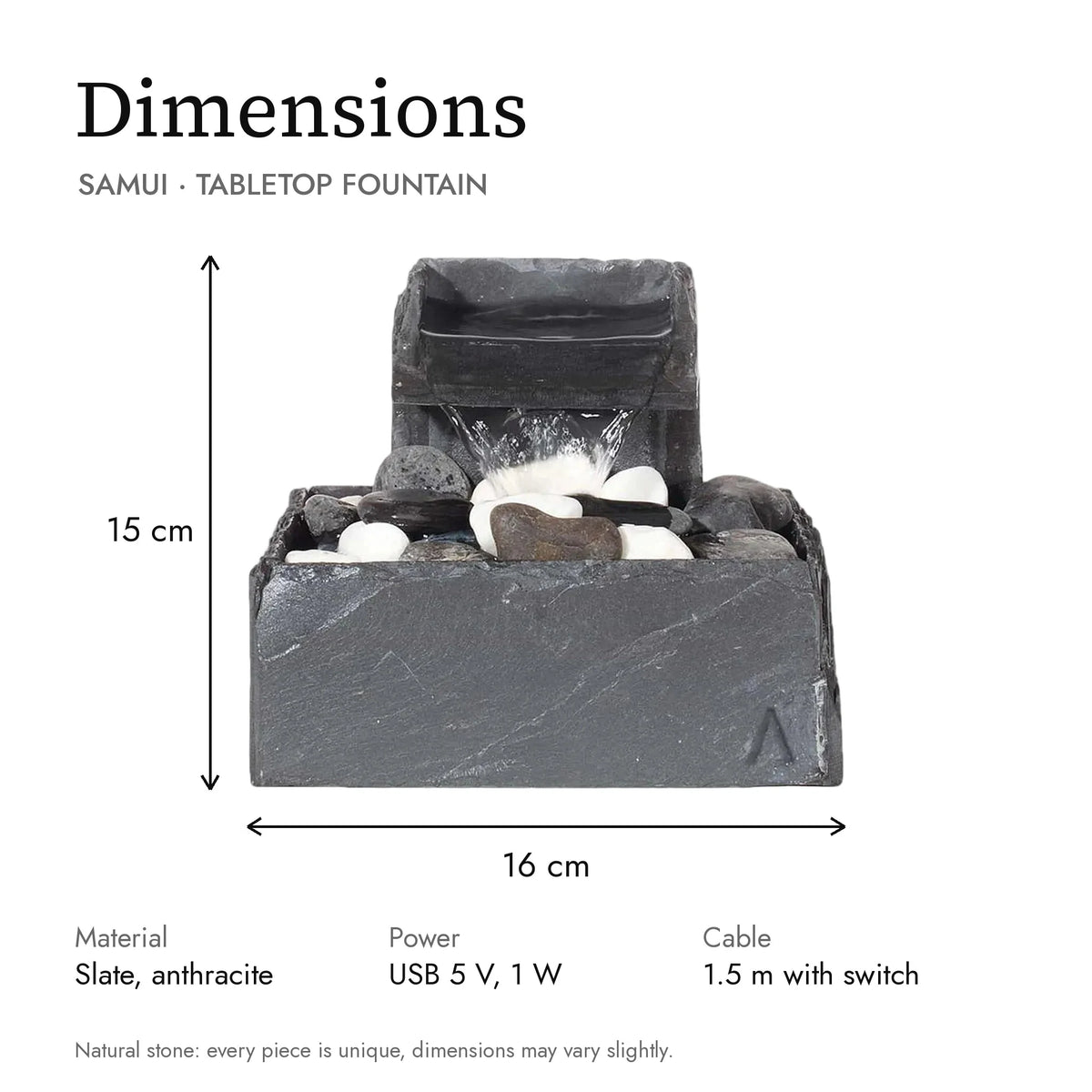 Dimensions of the SAMUI tabletop fountain