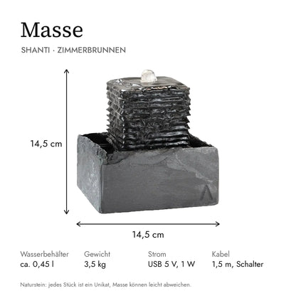 Masse Zimmerbrunnen SHANTI: 14,5 x 14,5 x 14,5 cm, 0,45 l Wasser, 3,5 kg