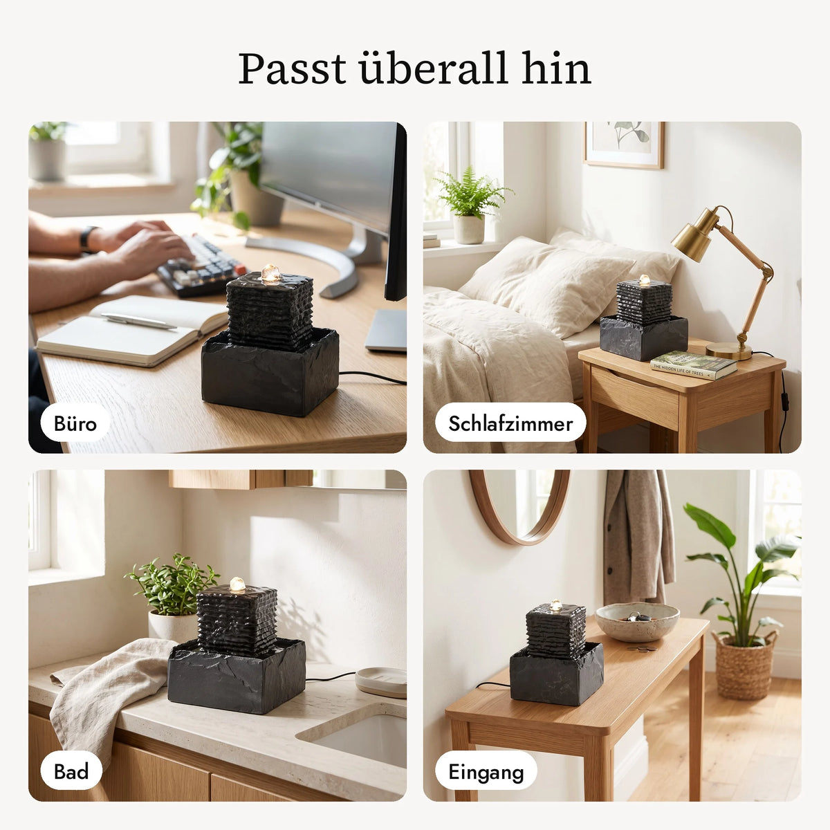 Zimmerbrunnen SHANTI im Büro, Schlafzimmer, Bad und Eingang (KI-Inhalte)