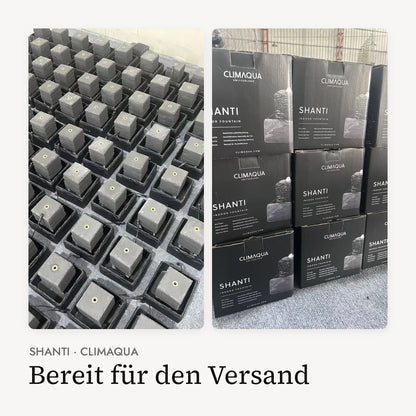SHANTI Brunnen in der Produktion und verpackt im CLIMAQUA Karton, bereit für den Versand