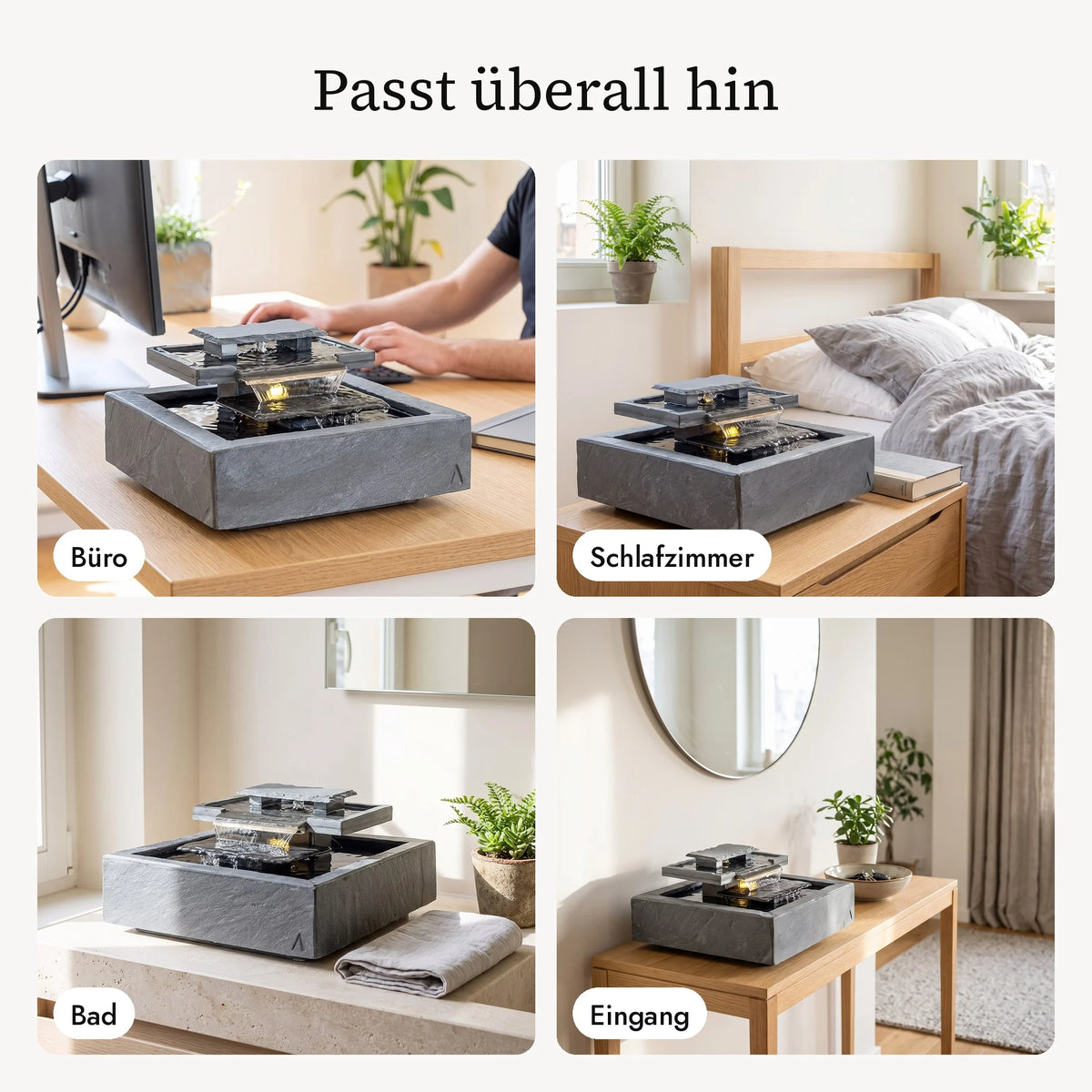 Tischbrunnen SHONAI im Büro, Schlafzimmer, Bad und Eingang (KI-Inhalte)