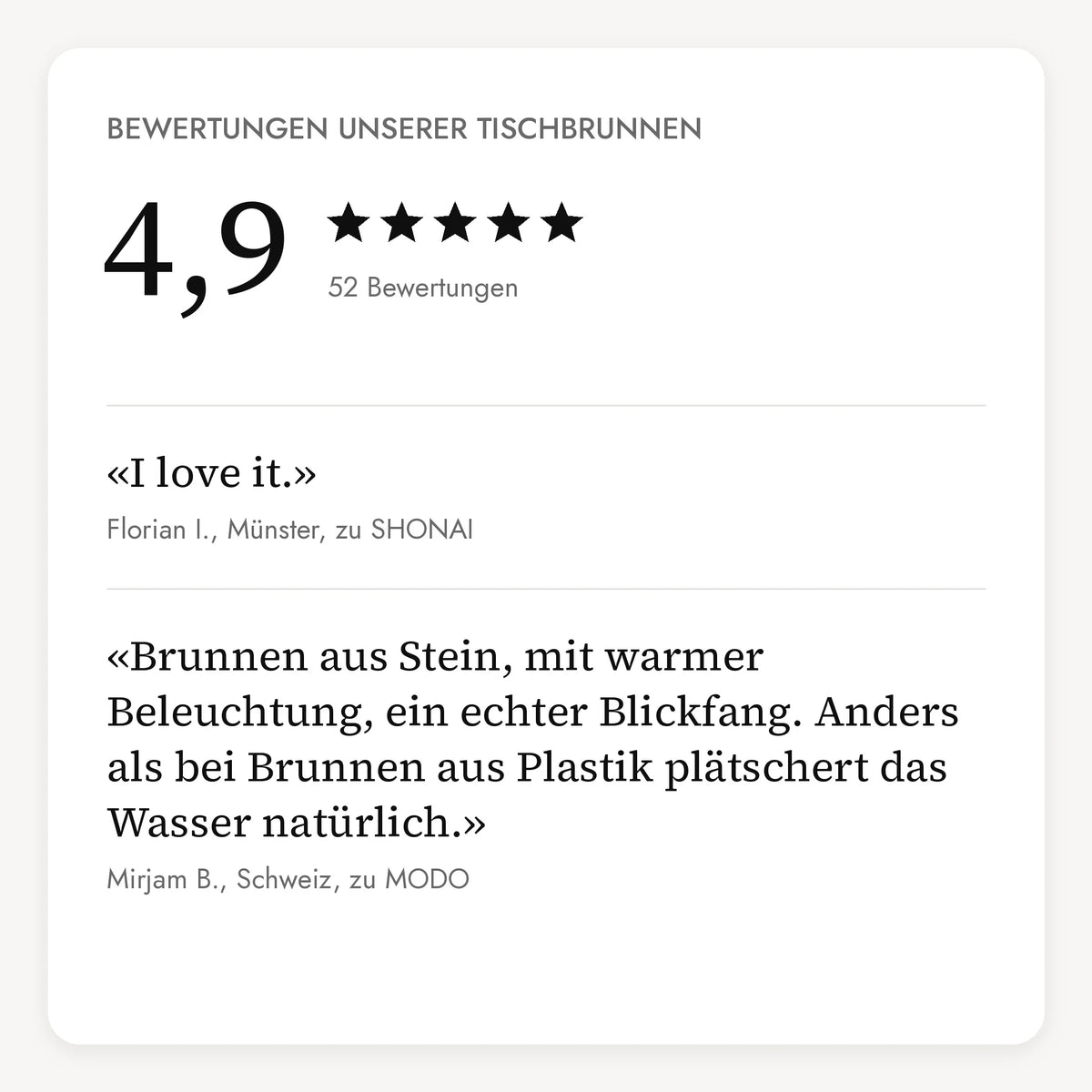 Bewertungen unserer Tischbrunnen: 4,9 von 5 Sternen aus 52 Bewertungen