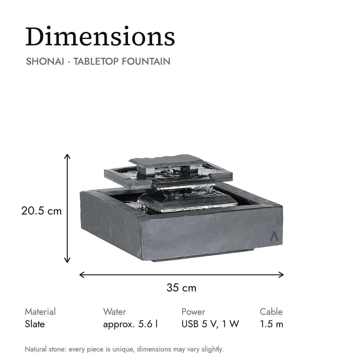 Dimensions of the SHONAI tabletop fountain