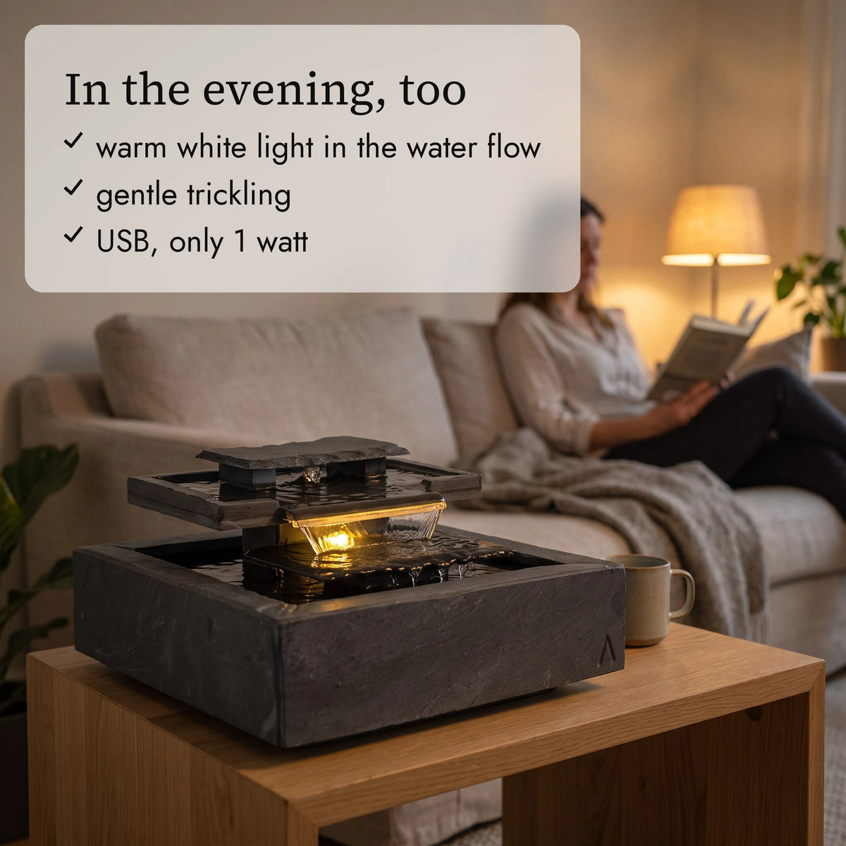 SHONAI tabletop fountain in the evening (AI content)