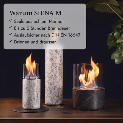 Warum SIENA M: Säule aus echtem Marmor, Bis zu 2 Stunden Brenndauer, Auslaufsicher nach DIN EN 16647, Drinnen und draussen (KI-Inhalte)