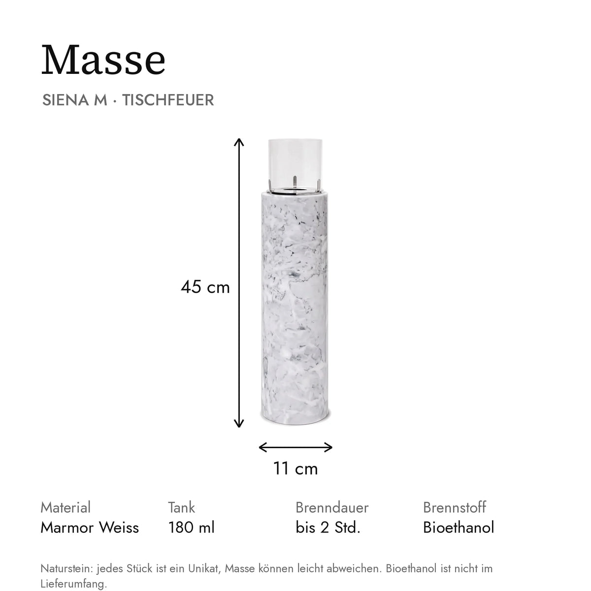Masse Tischfeuer SIENA M: 11 x 11 x 45 cm, Tank 180 ml, Brenndauer bis 2 Stunden