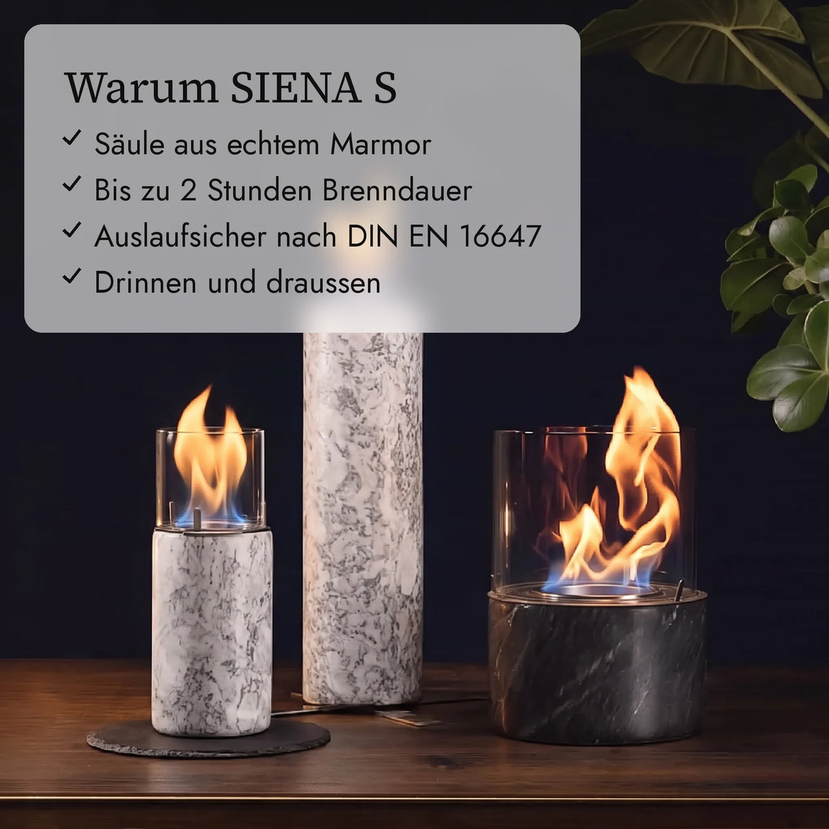 Warum SIENA S: Säule aus echtem Marmor, Bis zu 2 Stunden Brenndauer, Auslaufsicher nach DIN EN 16647, Drinnen und draussen (KI-Inhalte)