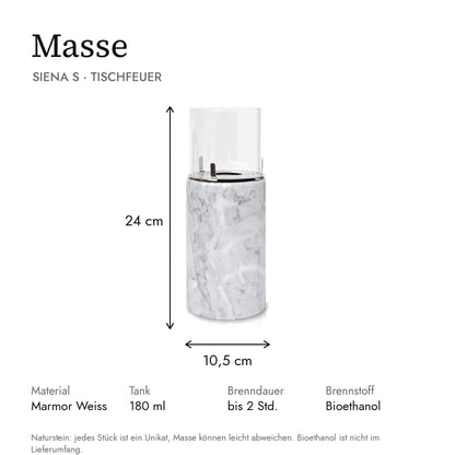 Masse Tischfeuer SIENA S: 10,5 x 10,5 x 24 cm, Tank 180 ml, Brenndauer bis 2 Stunden