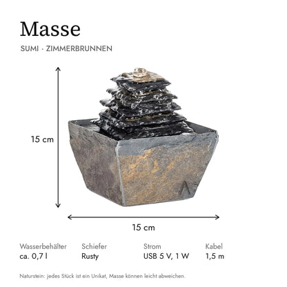 Masse Zimmerbrunnen SUMI: 15 x 15 x 15 cm, Wasserbehälter ca. 0,7 l