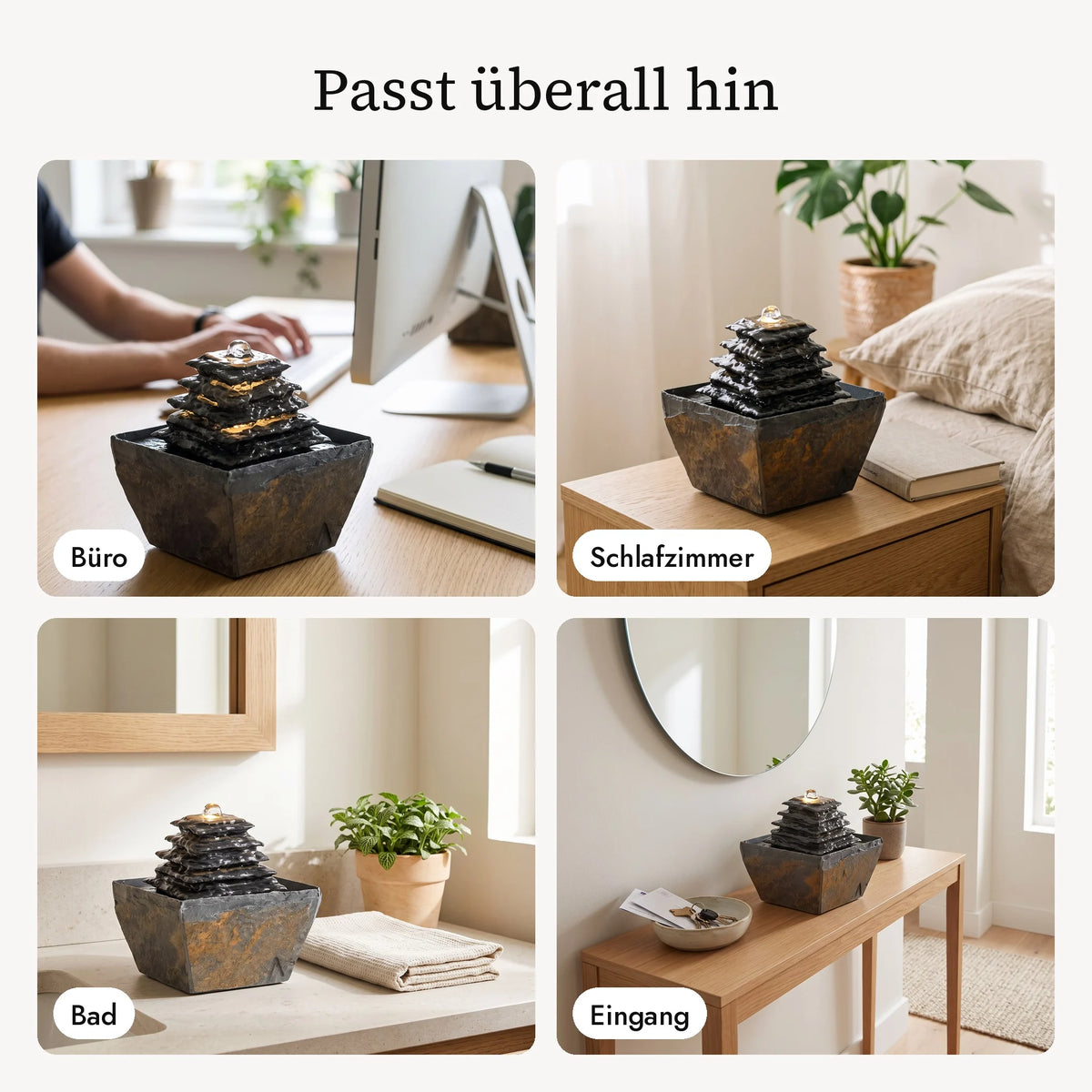 Zimmerbrunnen SUMI im Büro, Schlafzimmer, Bad und Eingang (KI-Inhalte)
