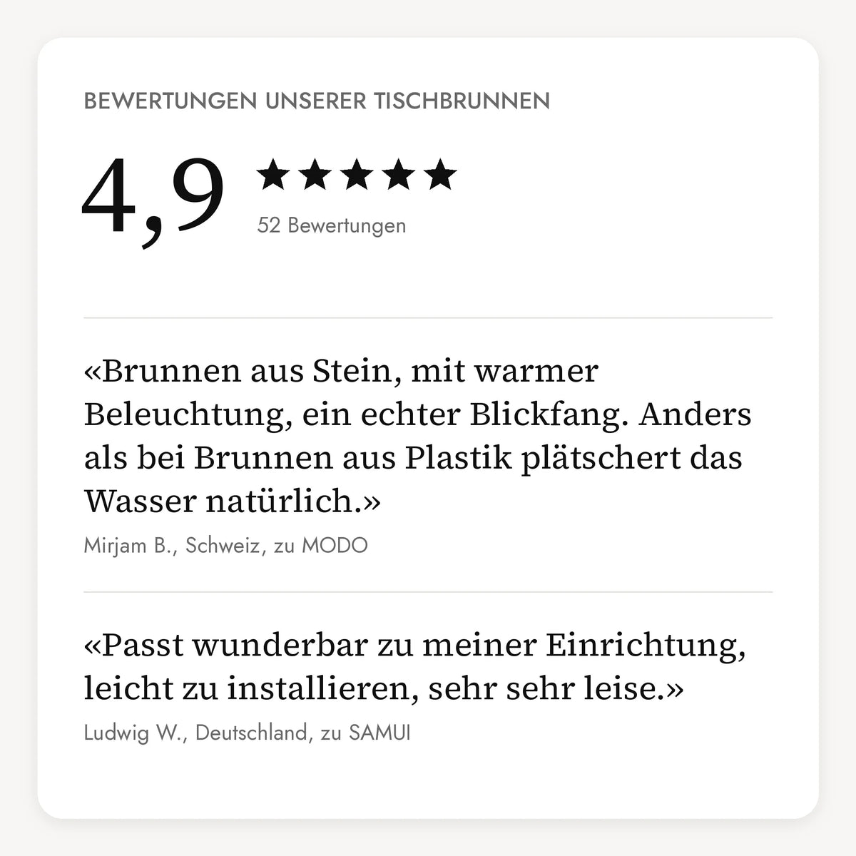 Bewertungen unserer Tischbrunnen: 4,9 von 5 Sternen aus 52 Bewertungen