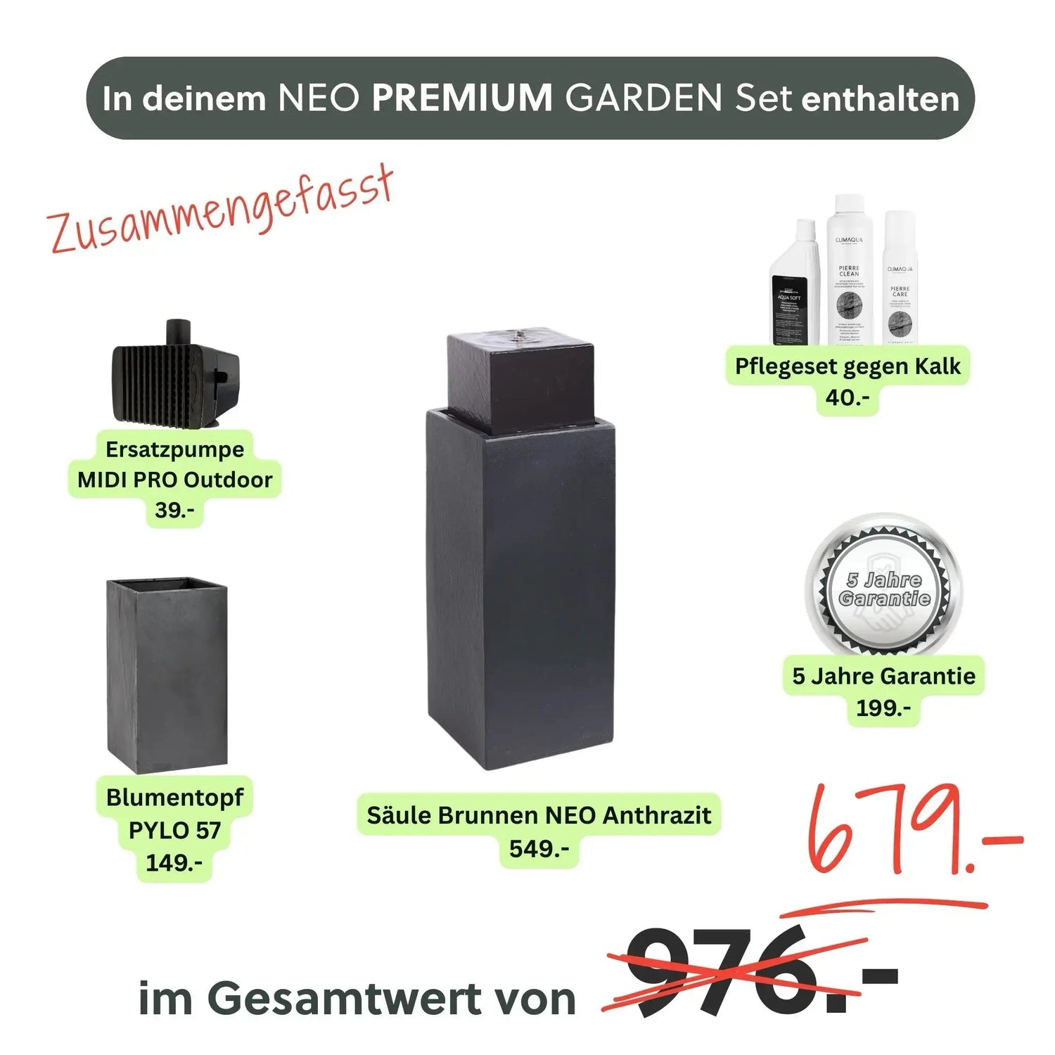 Säule Brunnen NEO PREMIUM GARDEN Set - CLIMAQUA