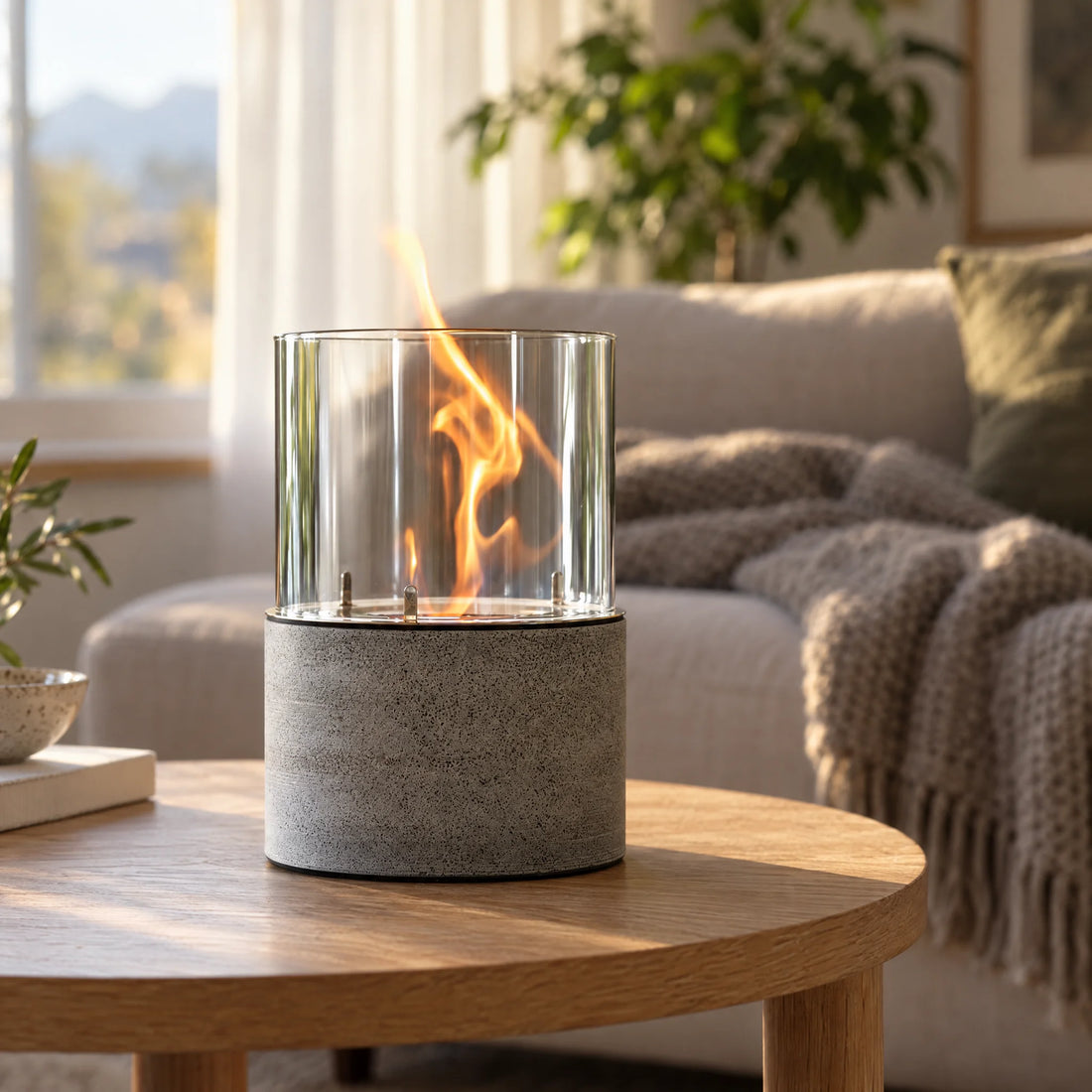 Tischkamin TIAN M aus Lavastein mit Flamme im Wohnzimmer (KI-Inhalte)
