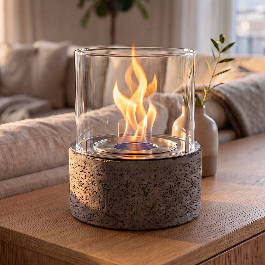 Tischfeuer TIAN M auf einem Sideboard im Wohnzimmer