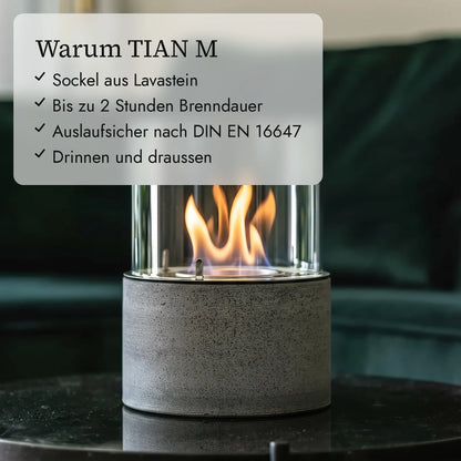 Warum TIAN M: Sockel aus Lavastein, Bis zu 2 Stunden Brenndauer, Auslaufsicher nach DIN EN 16647, Drinnen und draussen (KI-Inhalte)