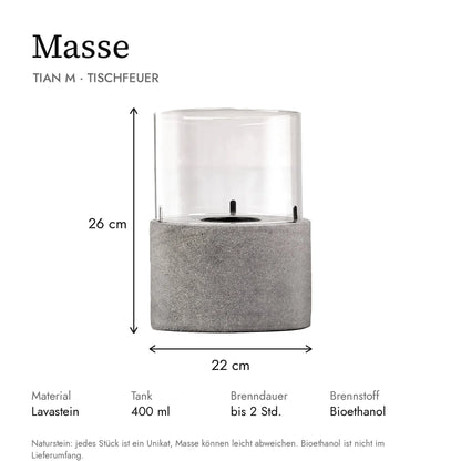 Masse Tischfeuer TIAN M: 22 x 22 x 26 cm, Tank 400 ml, Brenndauer bis 2 Stunden