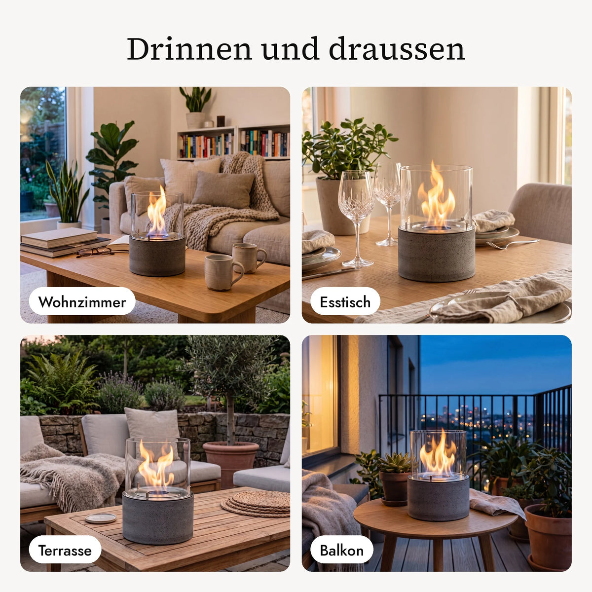 Tischfeuer TIAN M im Wohnzimmer, am Esstisch, auf der Terrasse und auf dem Balkon (KI-Inhalte)