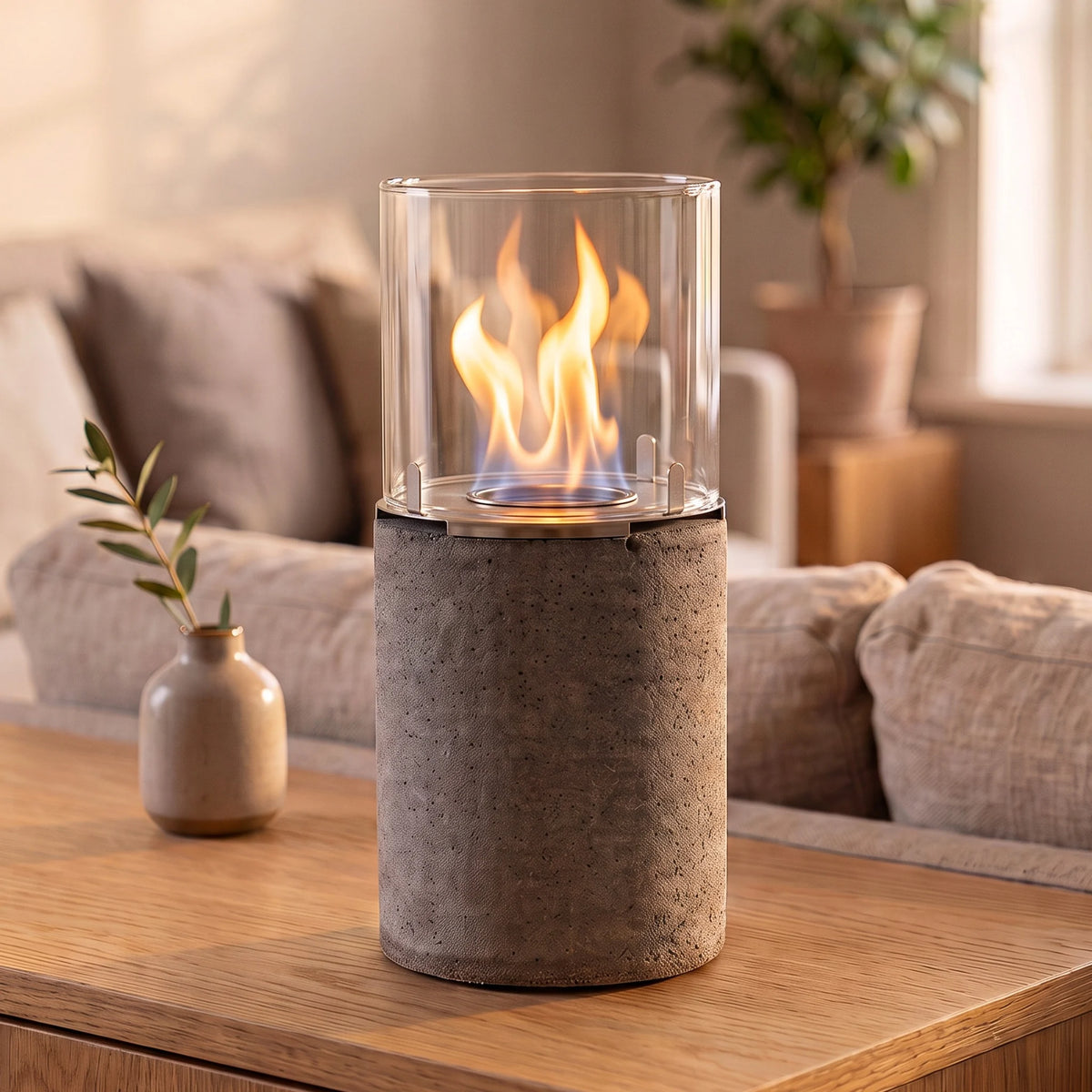 Tischfeuer TIAN S auf einem Sideboard im Wohnzimmer