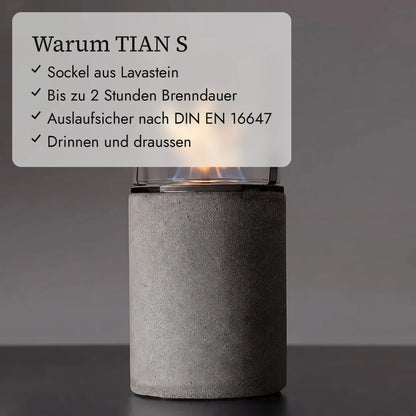 Warum TIAN S: Sockel aus Lavastein, Bis zu 2 Stunden Brenndauer, Auslaufsicher nach DIN EN 16647, Drinnen und draussen (KI-Inhalte)