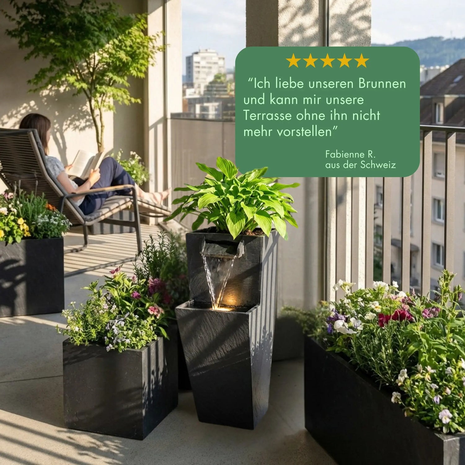 ZOE 20 Anthrazit – Gartenbrunnen mit Pflanzgefäss Wasserfall aus Naturschiefer Schwarz mit LED-Beleuchtung 28 x 21 x 53 cm 14 kg - CLIMAQUA