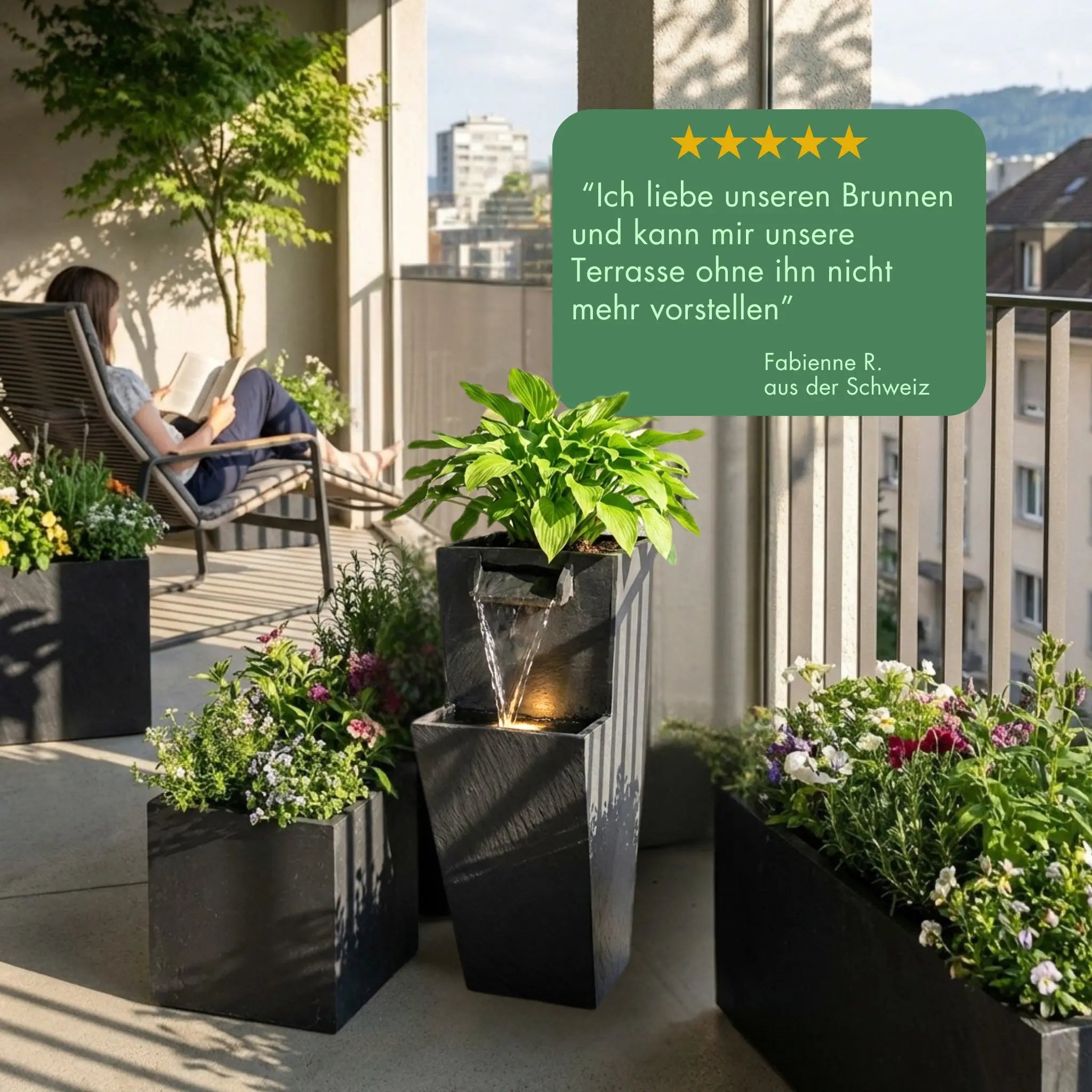 ZOE 20 Anthrazit – Gartenbrunnen mit Pflanzgefäss Wasserfall aus Naturschiefer Schwarz mit LED-Beleuchtung 28 x 21 x 53 cm 14 kg - CLIMAQUA