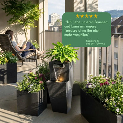 ZOE 20 Anthrazit – Gartenbrunnen mit Pflanzgefäss Wasserfall aus Naturschiefer Schwarz mit LED-Beleuchtung 28 x 21 x 53 cm 14 kg - CLIMAQUA