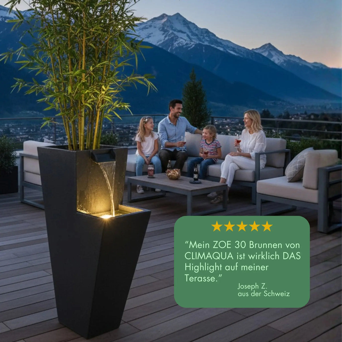 ZOE 30 Anthrazit – Wasserfallbrunnen mit Pflanzgefäss aus Naturschiefer Braun mit LED-Beleuchtung 38 x 26 x 76 cm 25 kg - CLIMAQUA