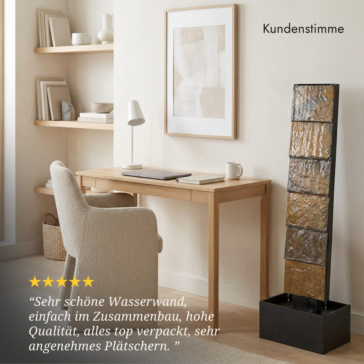 VIO L Rusty Wasserwand aus Schiefer in einem Arbeitszimmer neben dem Schreibtisch, mit Kundenstimme zur Qualität - CLIMAQUA (KI-Inhalte)