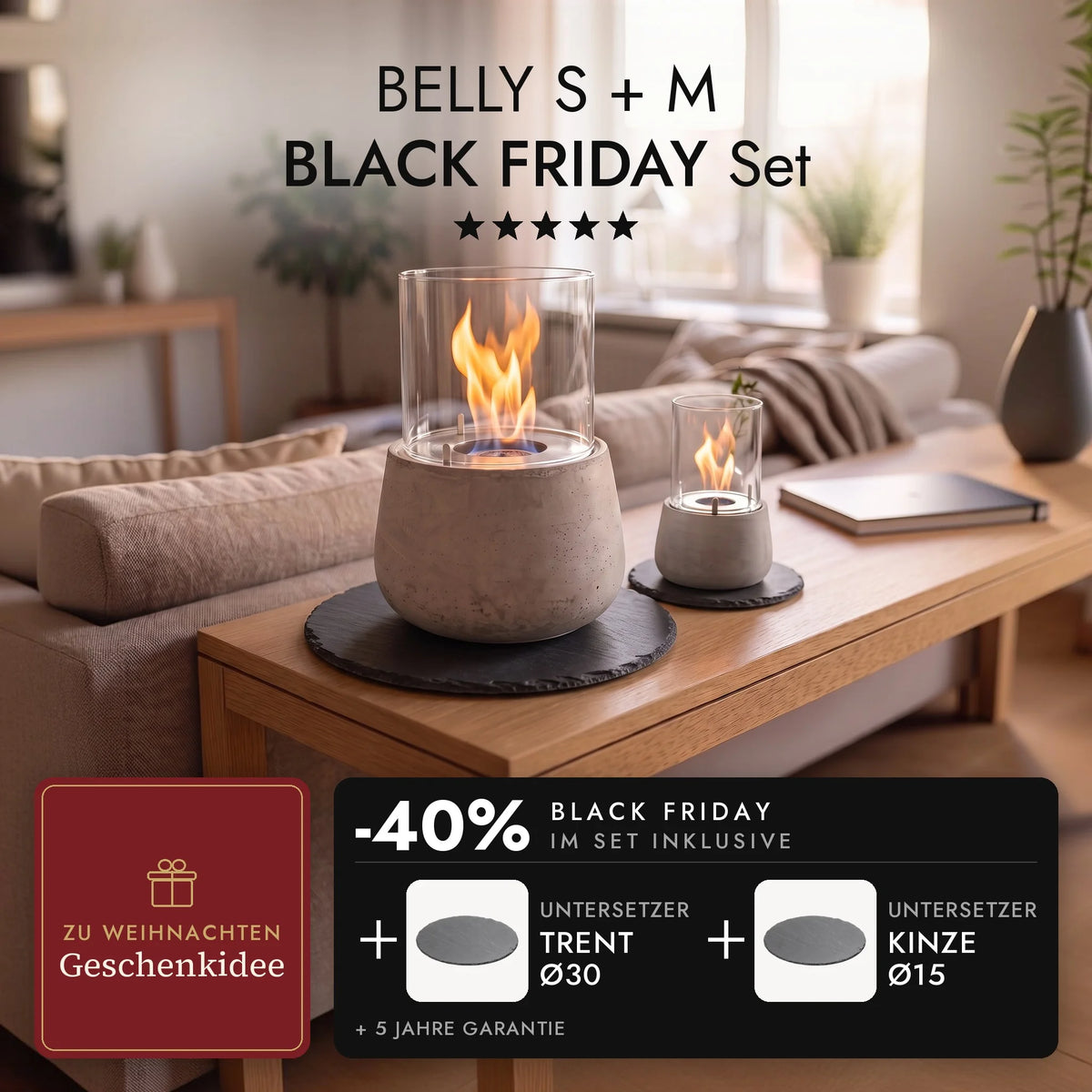 Tischfeuer BELLY M und BELLY S brennend auf den Schiefer-Untersetzern TRENT und KINZE im Wohnzimmer, BELLY S + M BLACK FRIDAY Set (KI-Inhalte)