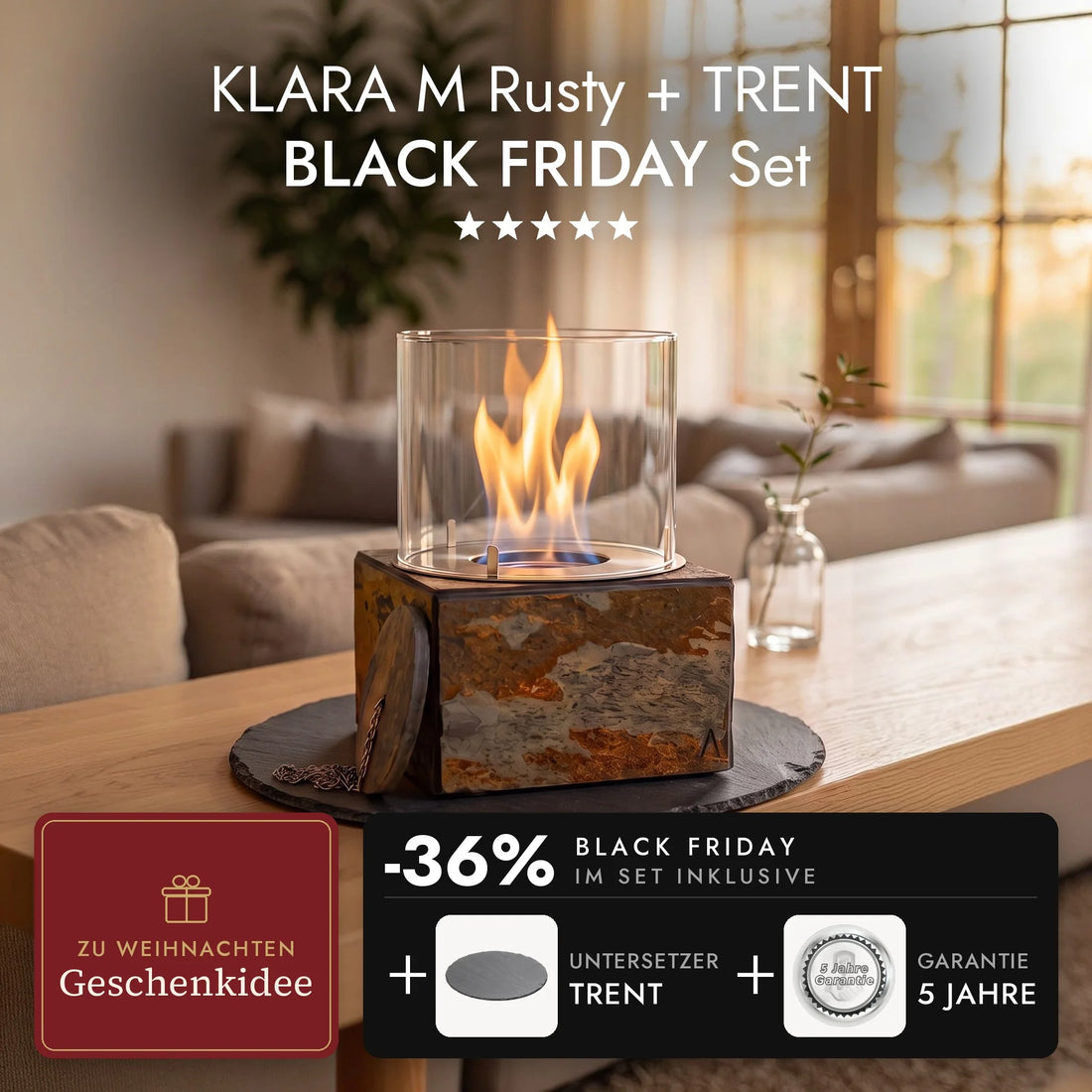Tafelvuur KLARA M Rusty met brandende vlam op de leisteen onderzetter TRENT in de woonkamer, KLARA M Rusty + TRENT BLACK FRIDAY Set (AI-content)