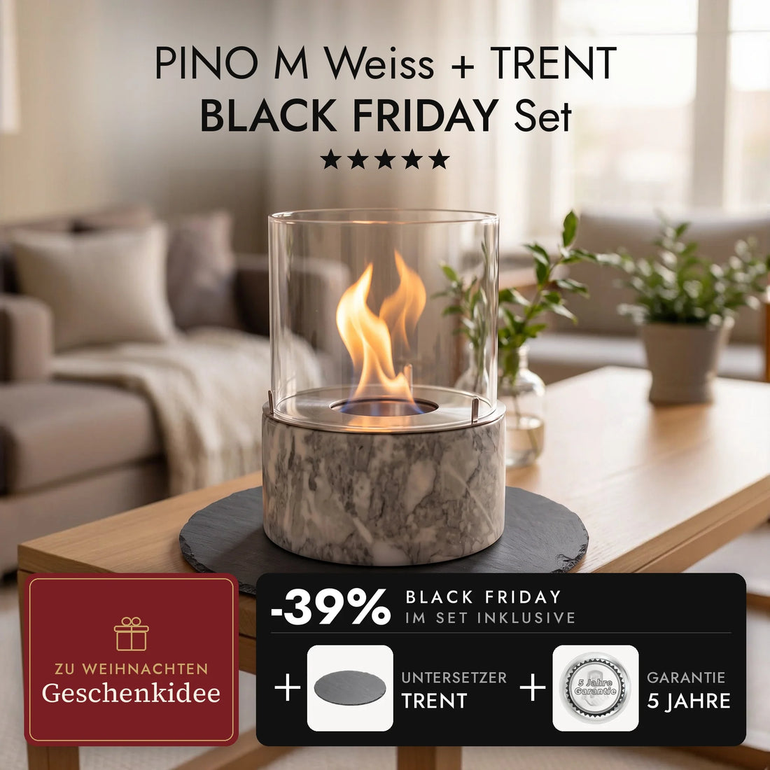 Tafelvuur PINO M Wit met brandende vlam op de leisteen onderzetter TRENT in de woonkamer, PINO M Wit + TRENT BLACK FRIDAY Set (AI-content)
