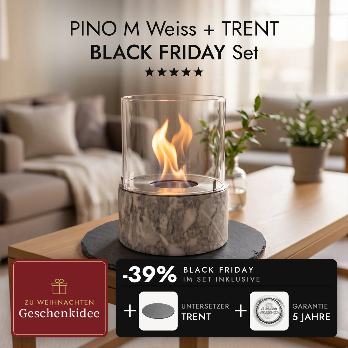 Tafelvuur PINO M Wit met brandende vlam op de leisteen onderzetter TRENT in de woonkamer, PINO M Wit + TRENT BLACK FRIDAY Set (AI-content)