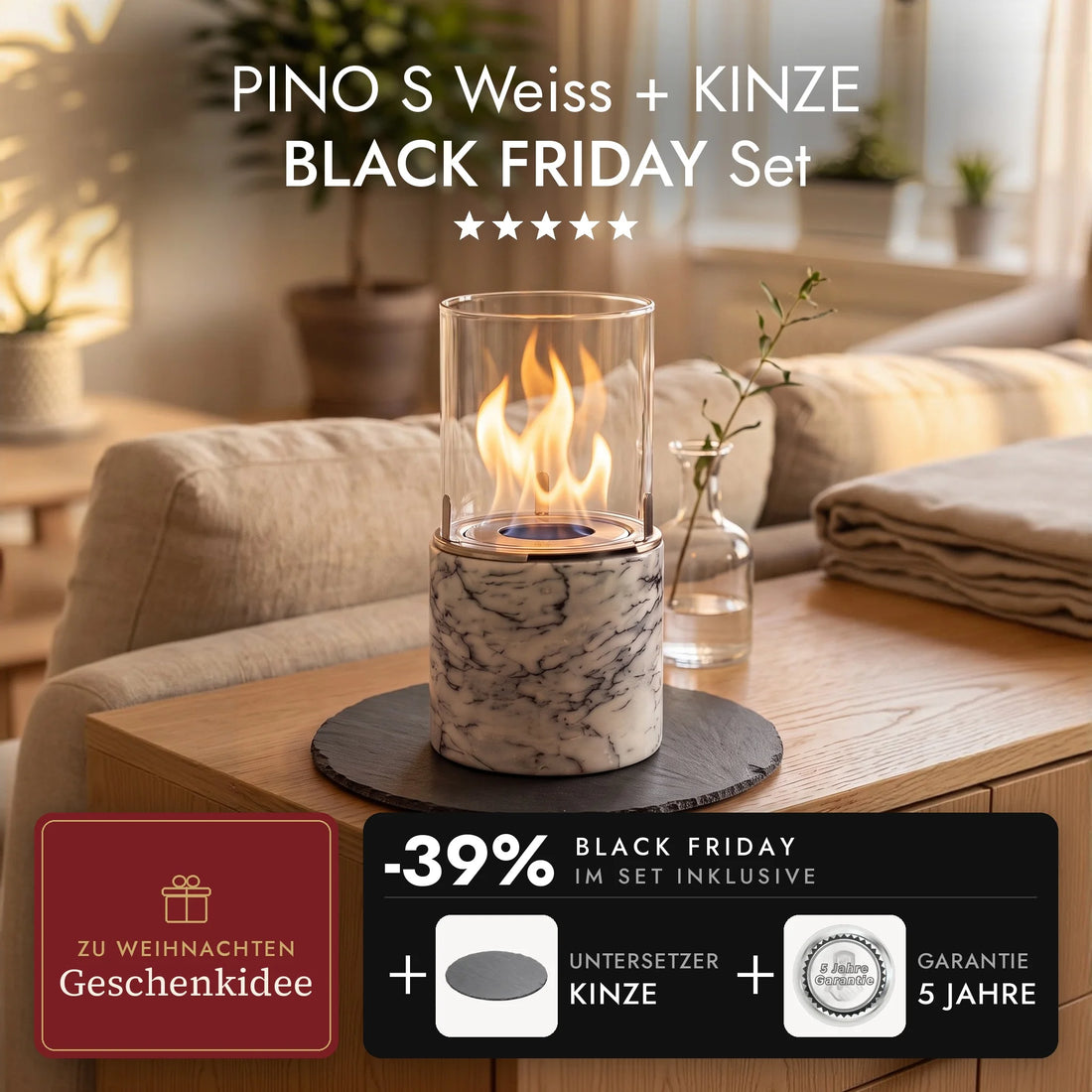 Tafelvuur PINO S Wit met brandende vlam op de leisteen onderzetter KINZE in de woonkamer, PINO S Wit + KINZE BLACK FRIDAY Set (AI-content)