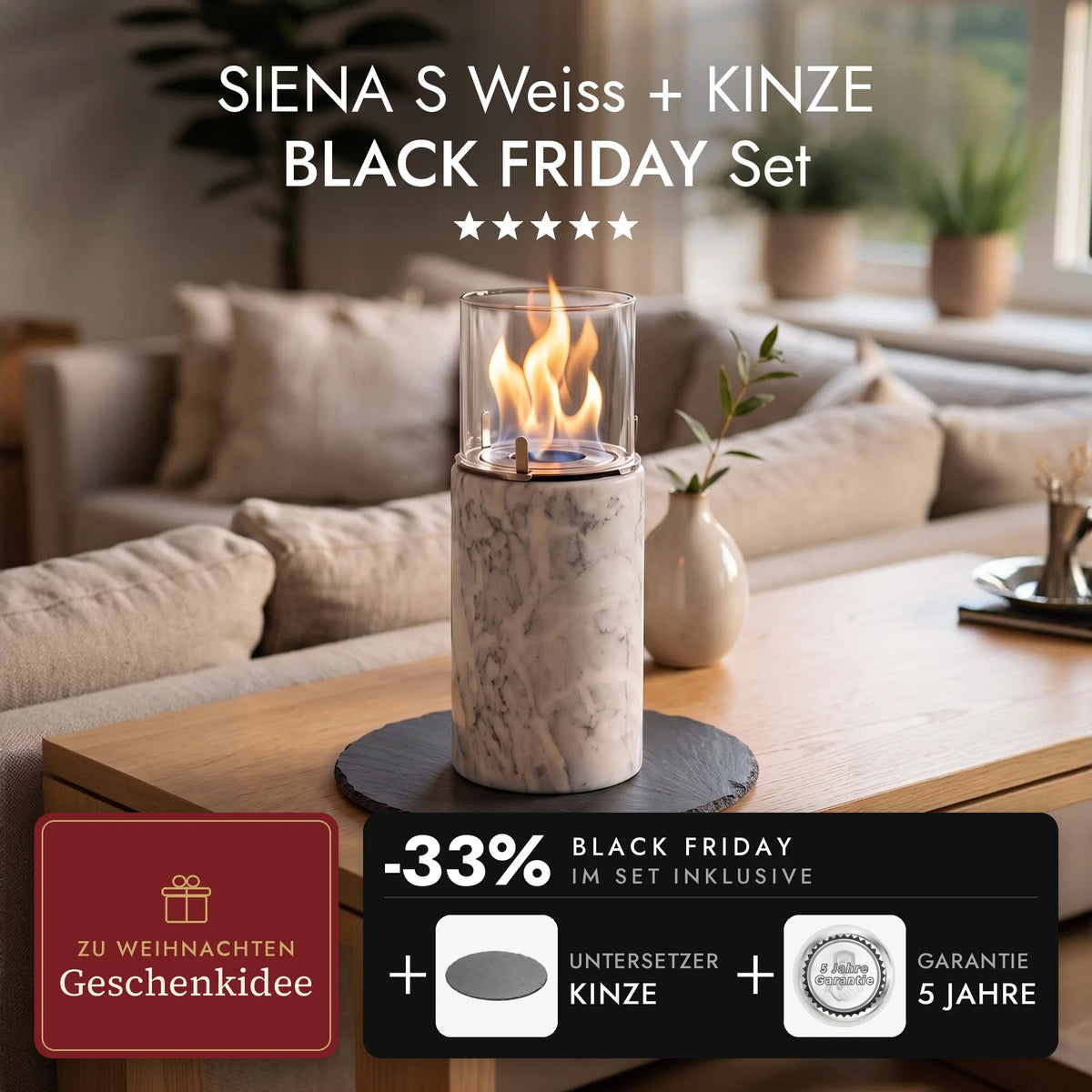 Tafelvuur SIENA S Wit met brandende vlam op de leisteen onderzetter KINZE in de woonkamer, SIENA S Wit + KINZE BLACK FRIDAY Set (AI-content)