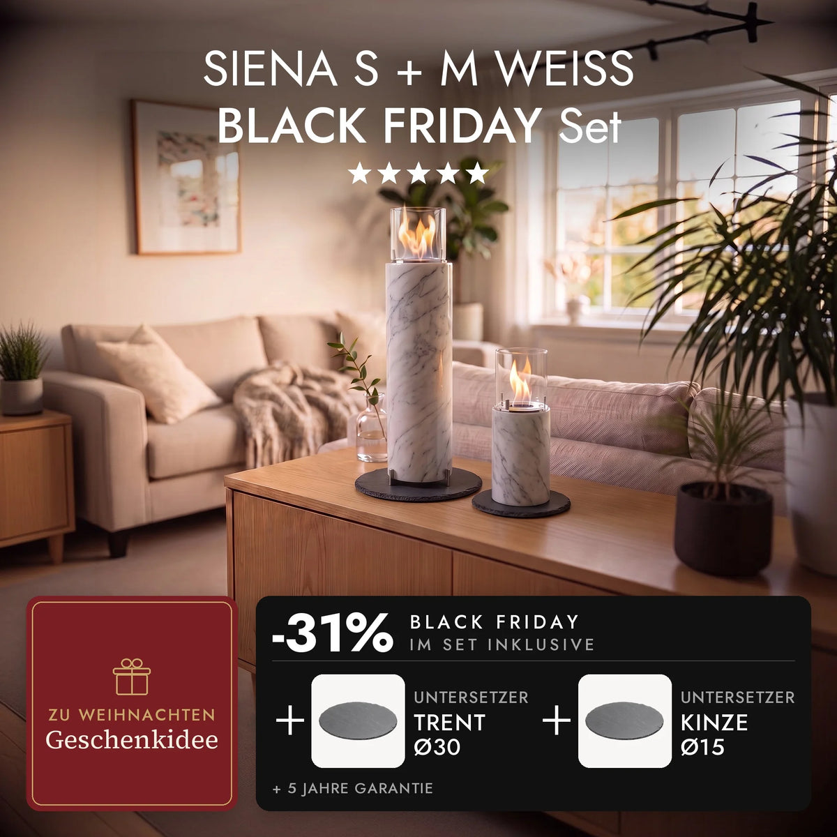 Tischfeuer SIENA M und SIENA S Weiss brennend auf den Schiefer-Untersetzern TRENT und KINZE im Wohnzimmer, SIENA S + M WEISS BLACK FRIDAY Set (KI-Inhalte)