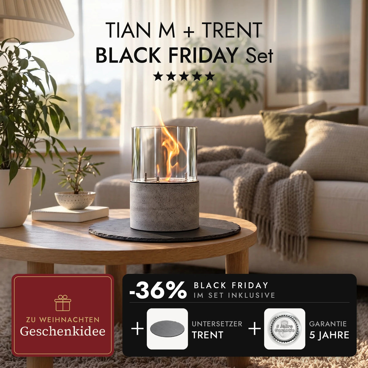 Tafelvuur TIAN M met brandende vlam op de leisteen onderzetter TRENT in de woonkamer, TIAN M + TRENT BLACK FRIDAY Set (AI-content)