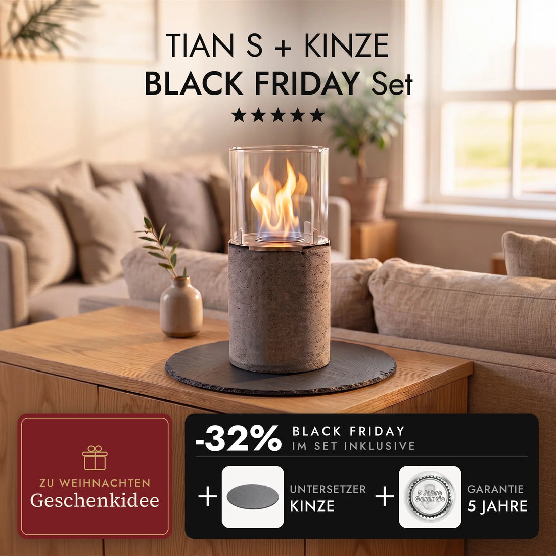 Tafelvuur TIAN S met brandende vlam op de leisteen onderzetter KINZE in de woonkamer, TIAN S + KINZE BLACK FRIDAY Set (AI-content)