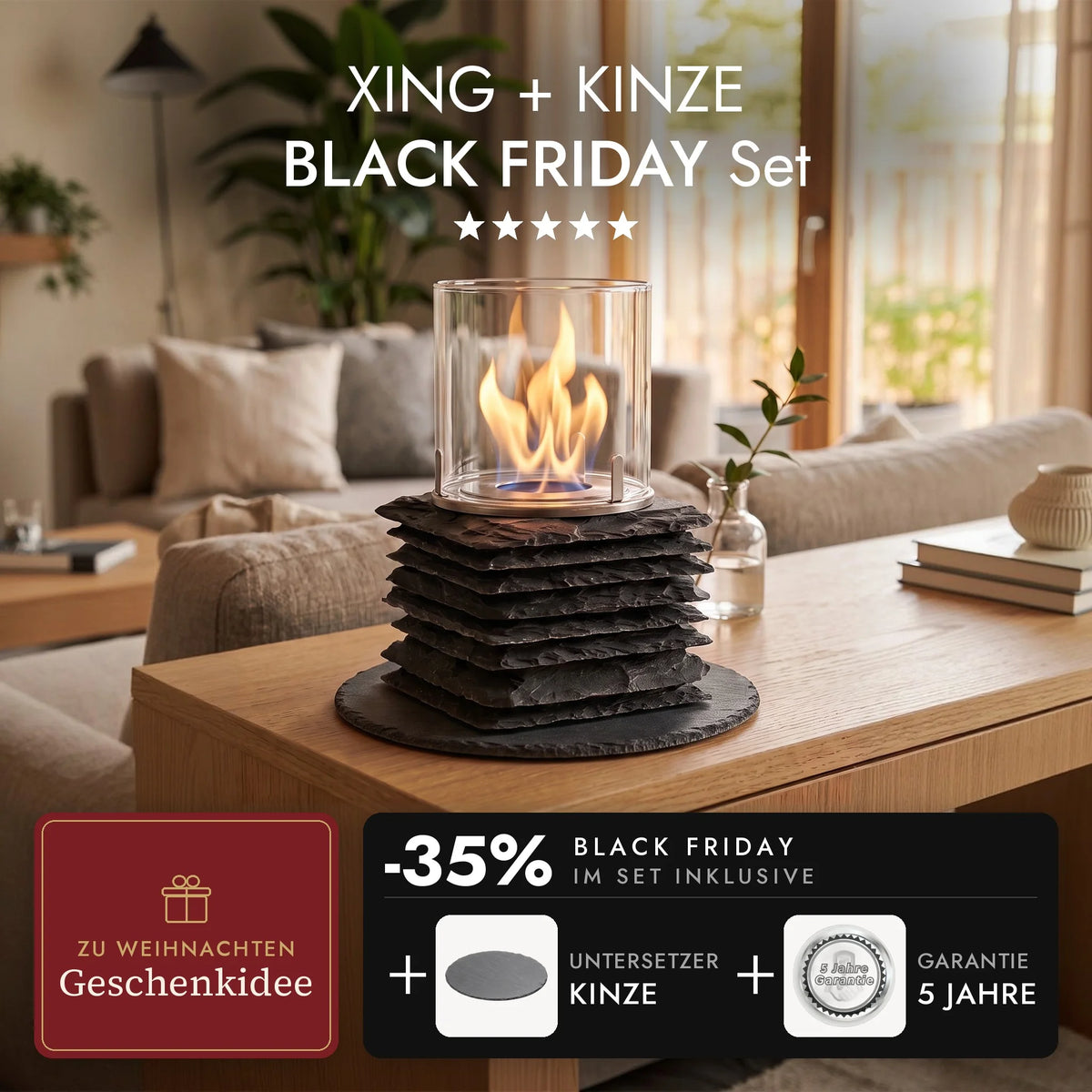Tischfeuer XING mit brennender Flamme auf dem Schiefer-Untersetzer KINZE im Wohnzimmer, XING + KINZE BLACK FRIDAY Set (KI-Inhalte)
