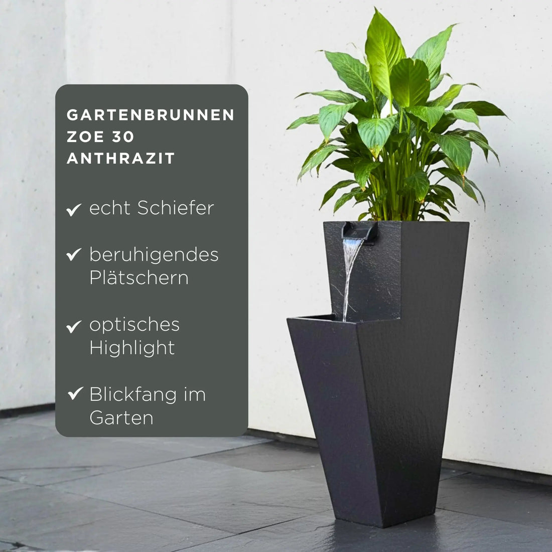 ZOE 30 Anthrazit – Wasserfallbrunnen mit Pflanzgefäss aus Naturschiefer Braun mit LED-Beleuchtung 38 x 26 x 76 cm 25 kg - CLIMAQUA