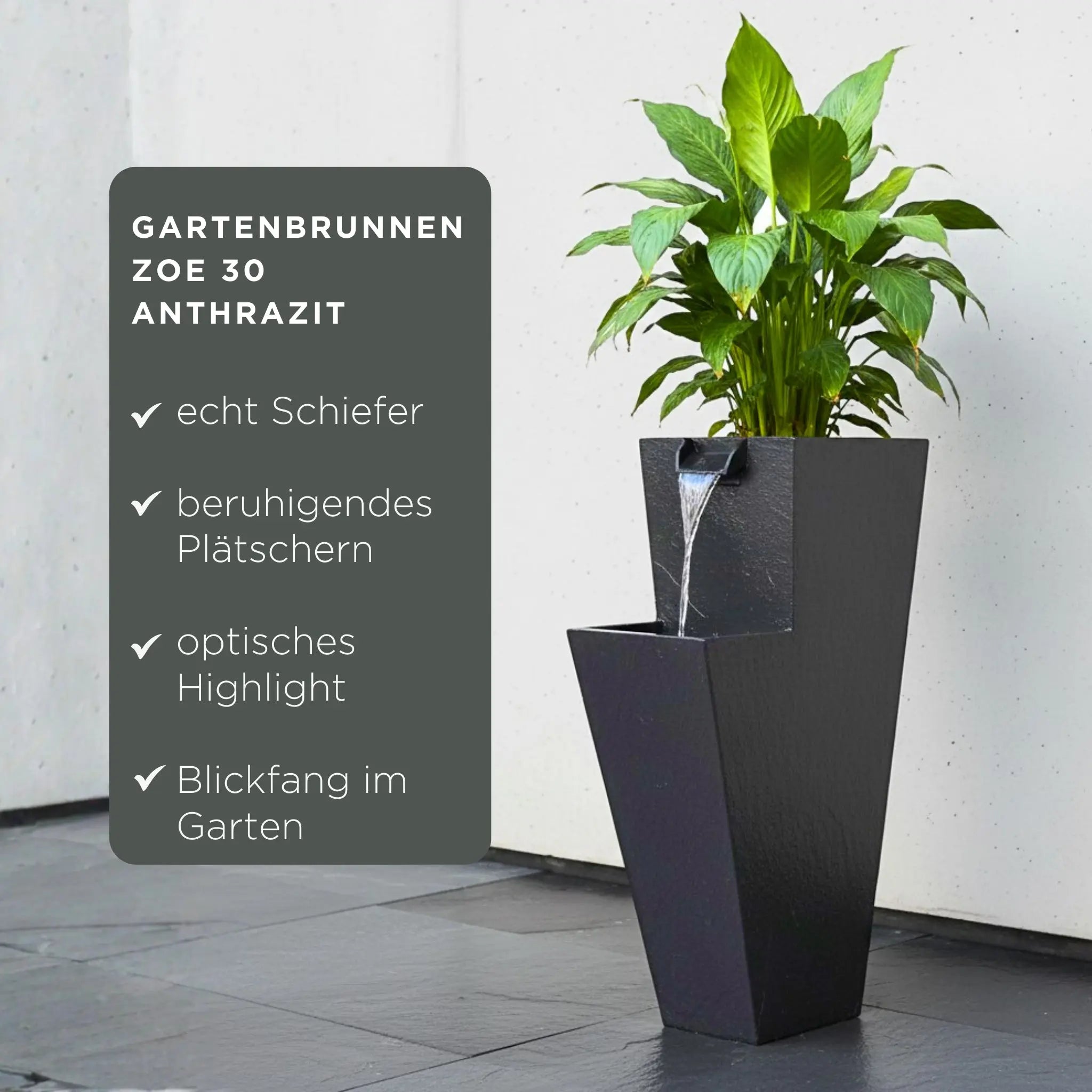 ZOE 30 Anthrazit – Wasserfallbrunnen mit Pflanzgefäss aus Naturschiefer Braun mit LED-Beleuchtung 38 x 26 x 76 cm 25 kg - CLIMAQUA