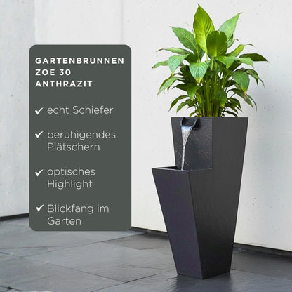 ZOE 30 Anthrazit – Wasserfallbrunnen mit Pflanzgefäss aus Naturschiefer Braun mit LED-Beleuchtung 38 x 26 x 76 cm 25 kg - CLIMAQUA