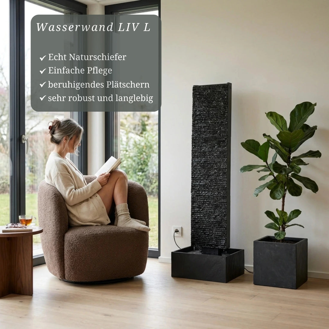 LIV L – Edle Wasserwand Schiefer Schwarz 130 cm - CLIMAQUA (KI-Inhalte)