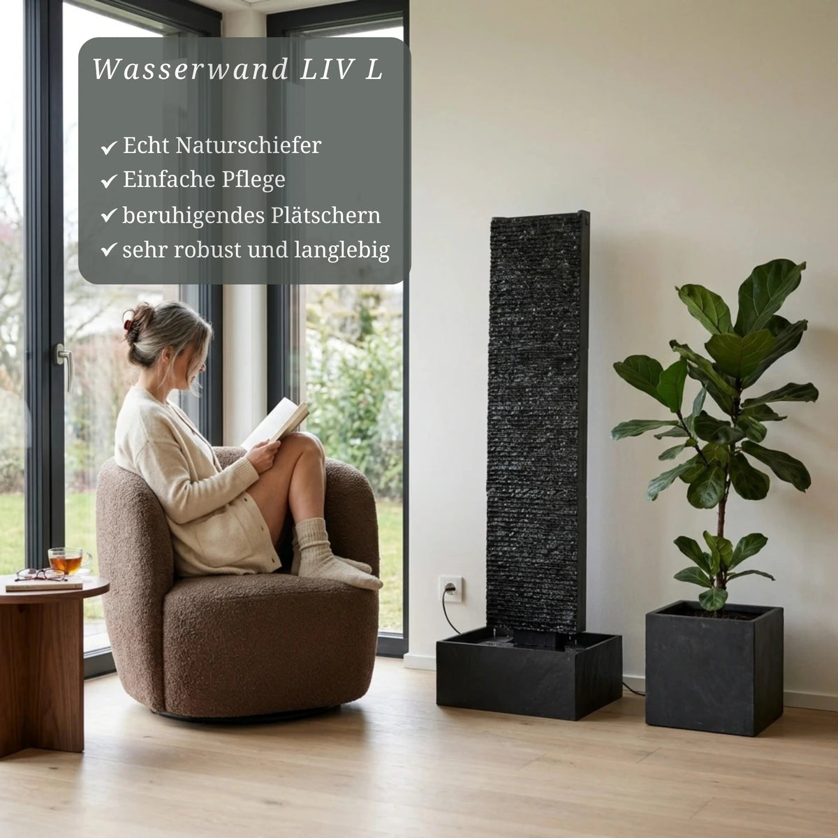 LIV L – Edle Wasserwand Schiefer Schwarz 130 cm - CLIMAQUA (KI-Inhalte)