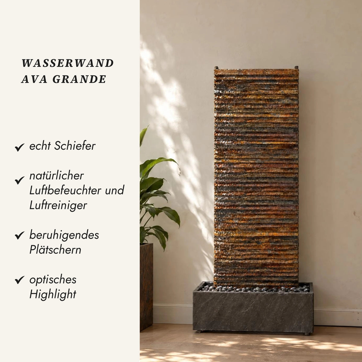 AVA GRANDE Wasserwand aus Schiefer Rusty mit Übersicht der Vorteile: echt Schiefer, natürlicher Luftbefeuchter, beruhigendes Plätschern, optisches Highlight - CLIMAQUA (KI-Inhalte)